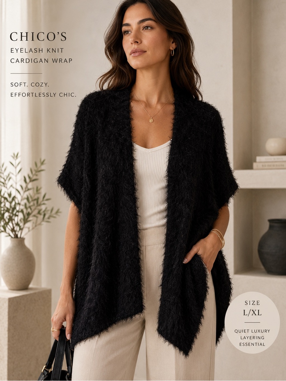 Chico’s Black Eyelash Knit Cardigan Wrap L/XL‎ Cozy Quiet Luxury Layering